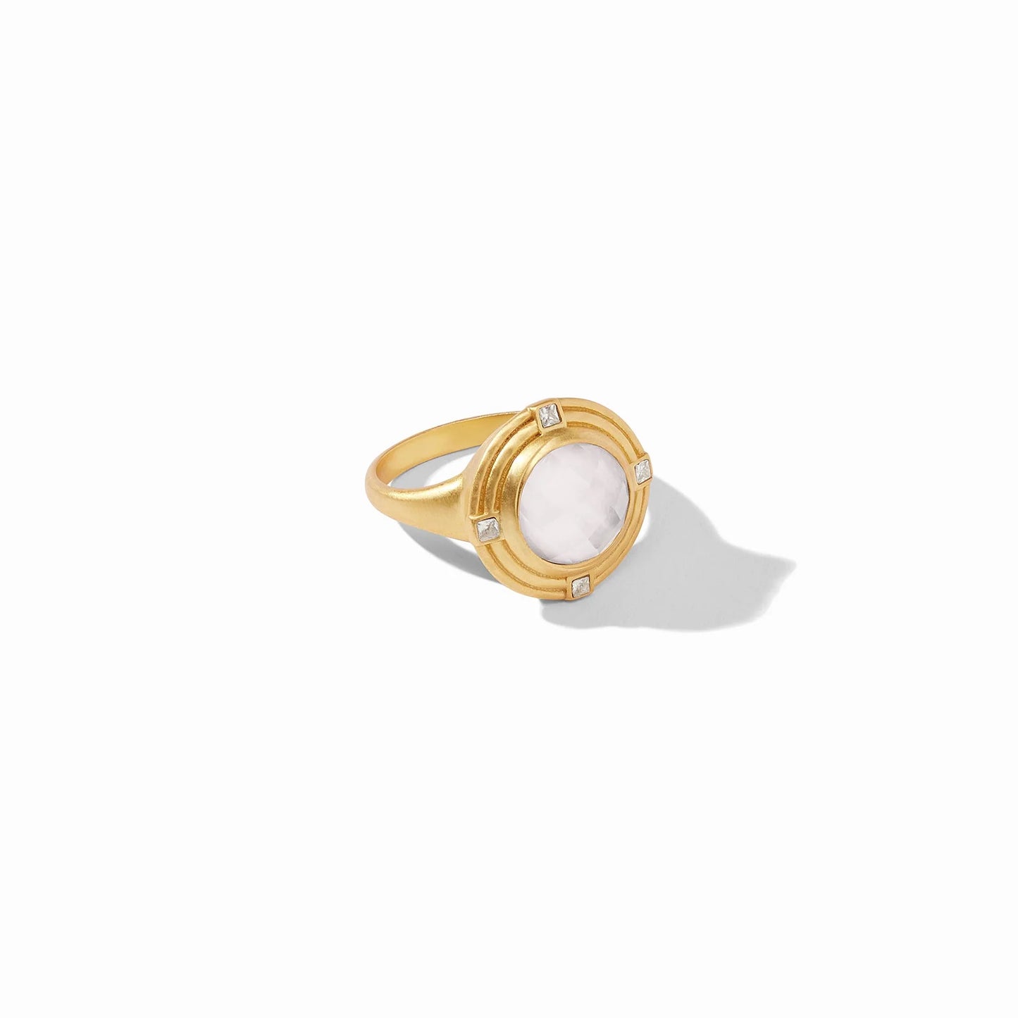 Astor Ring - Iridescent Clear Crystal by Julie Vos signet ring featuring a sparkling rose cut gem set in a surround of two lightly hammered golden walls embellished with four CZs. 24K gold plate, imported glass, CZ Width: 0.65 inches. Shop at The Painted Cottage an Annapolis boutique.