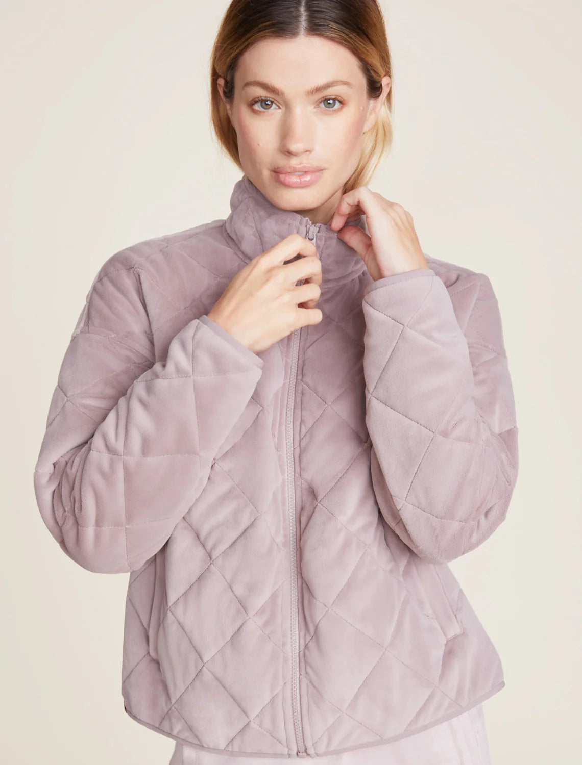 LuxeChic Quilted Jacket - deep taupe. Zipper jacket is made from ultra-soft fabric with diamond quilting for extra comfort. Shop at The Painted Cottage in Edgewater, MD.