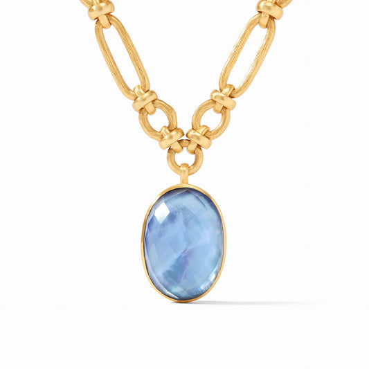 Ivy STMNT Necklace CHALC Blue by Julie Vos. Oval rose cut gemstone suspended from hand-etched golden links with polished cross links connecting them. 24K gold plate, glass doublet 20-20.5 - 21.25-21.75" adjustable length, drop with bail: 0.55" length. Shop at The Painted Cottage in Edgewater, MD