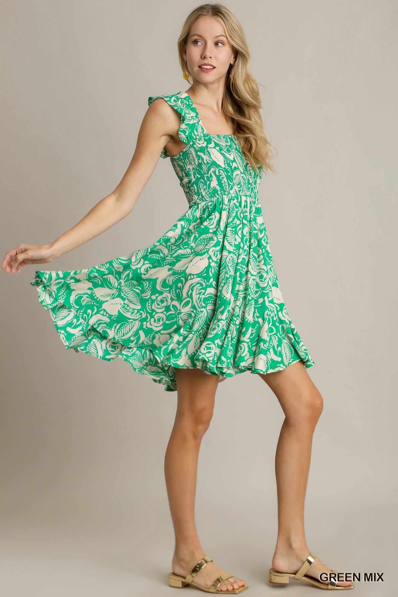 Floral Print Dress With Smocked Chest - Green Mix