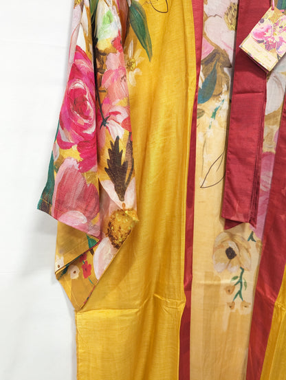 Impressionist Floral Kimono Gown in Mustard