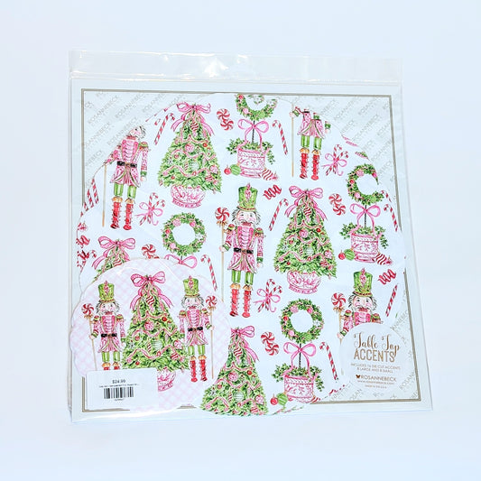 Doily Set - Handpainted Pink Peppermint Nutcrackers and Topiaries