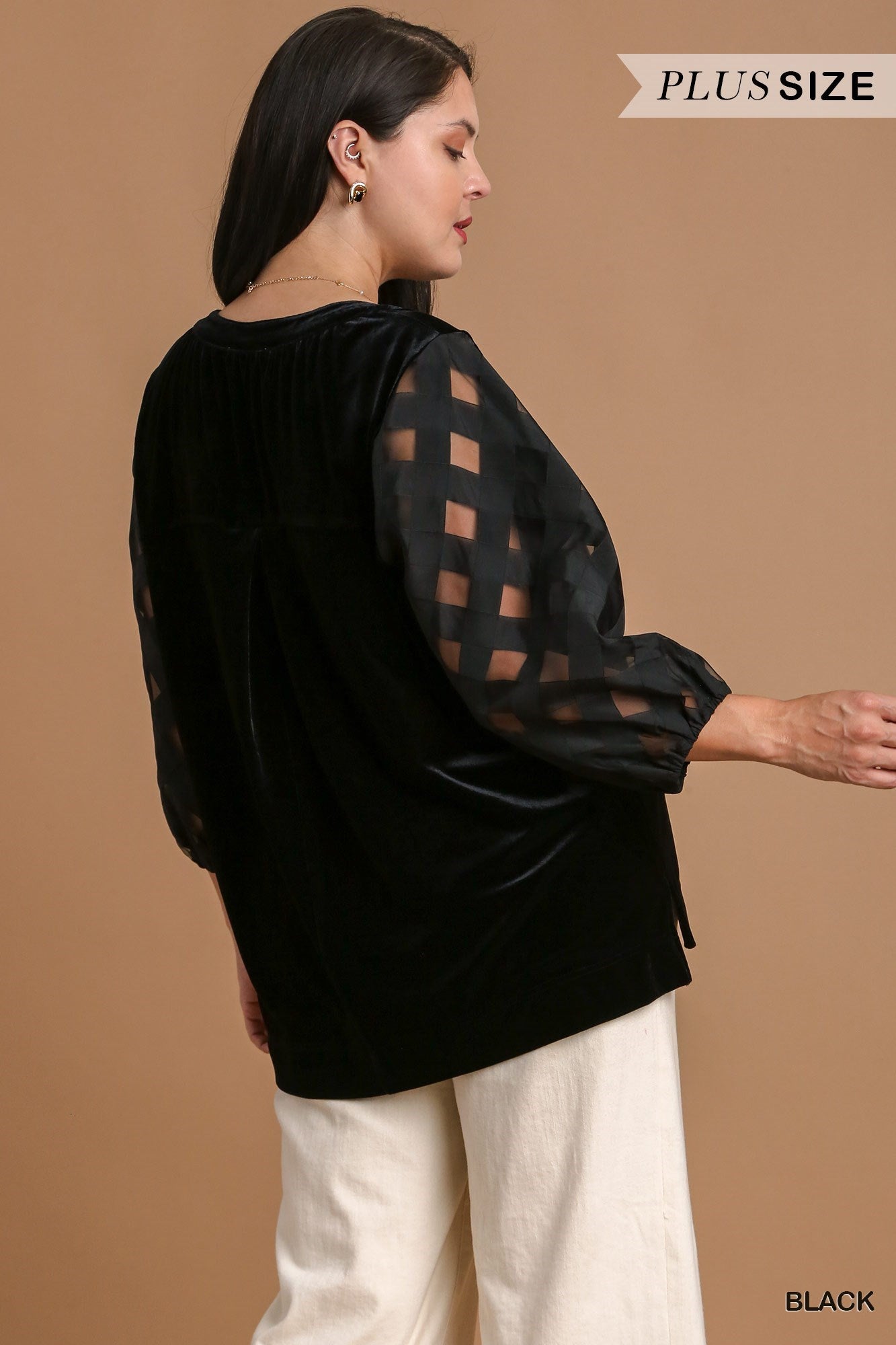 Velvet Top w/ Organza 3/4 Puff Sleeve - Black