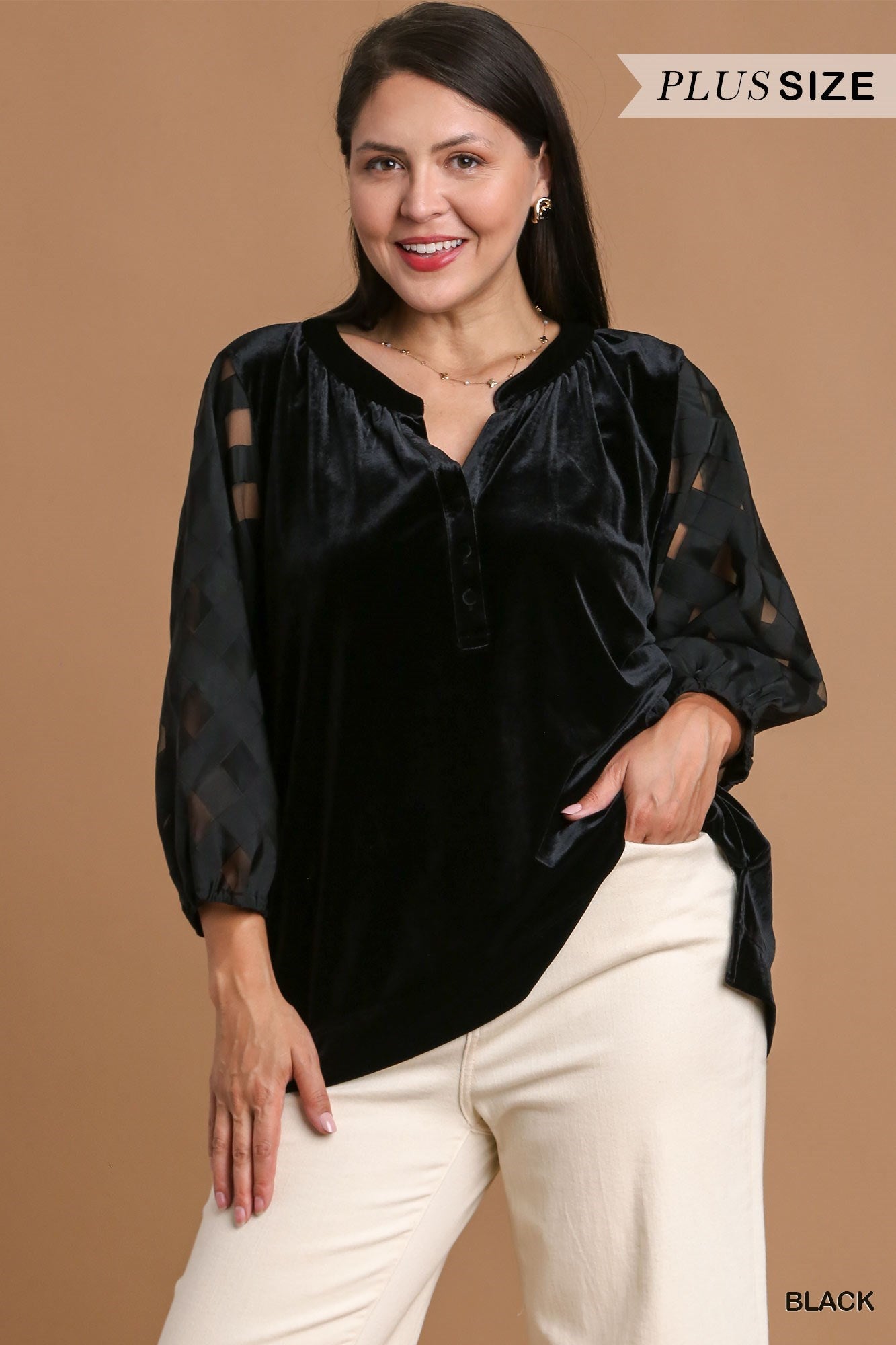 Velvet Top w/ Organza 3/4 Puff Sleeve - Black