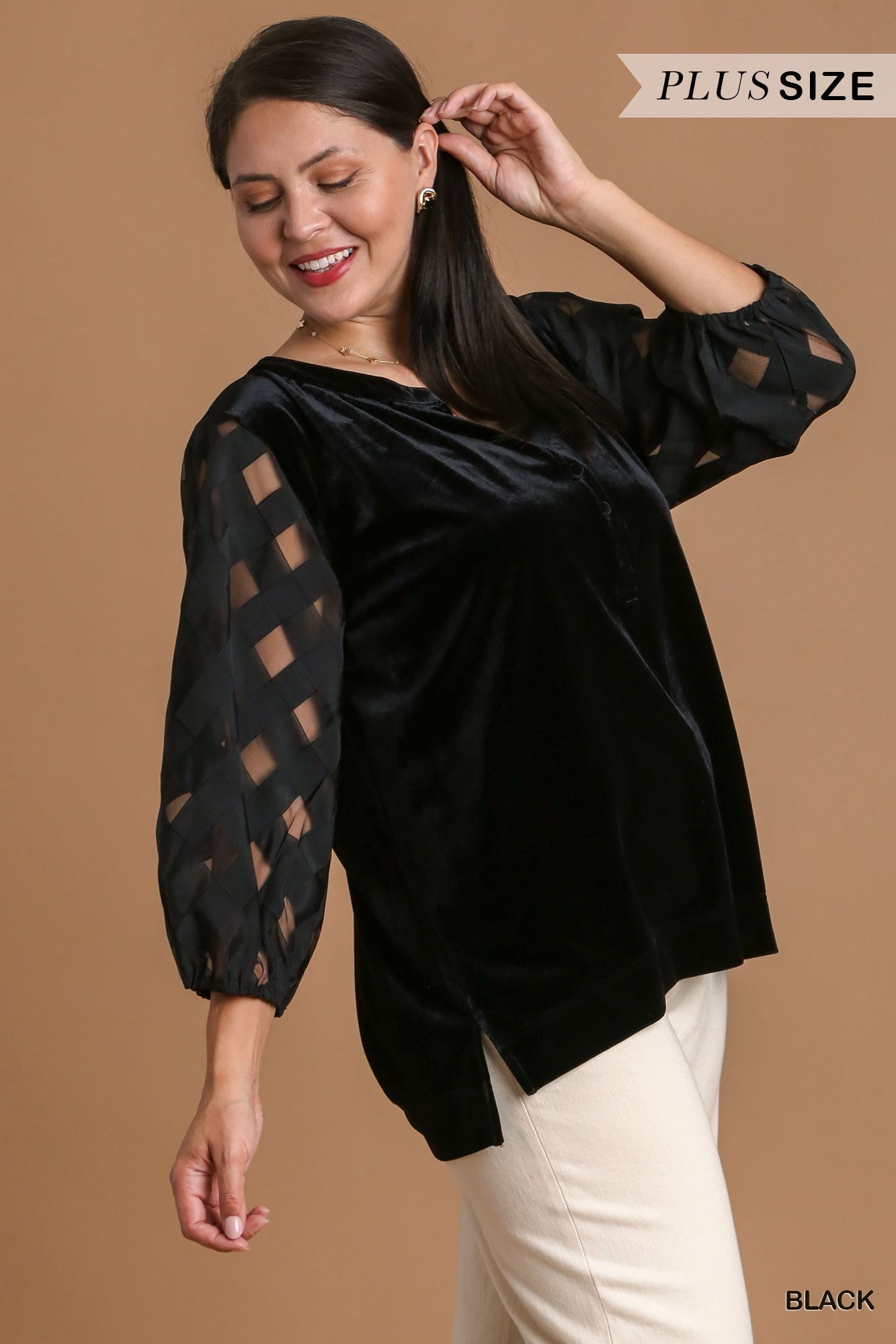 Velvet Top w/ Organza 3/4 Puff Sleeve - Black