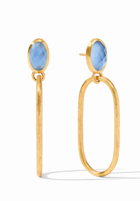 Ivy STMNT Earring CHALC Blue by Julie Vos. Hand-etched golden stadium links swing from an oval rose cut stone. 24K gold plate, glass doublet, total length 2.15". Shop at The Painted Cottage an Annapolis boutique.