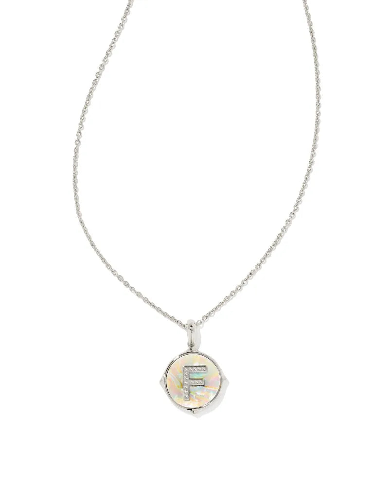 Letter F Silver Disc Reversible Pendant Necklace in Iridescent Abalone