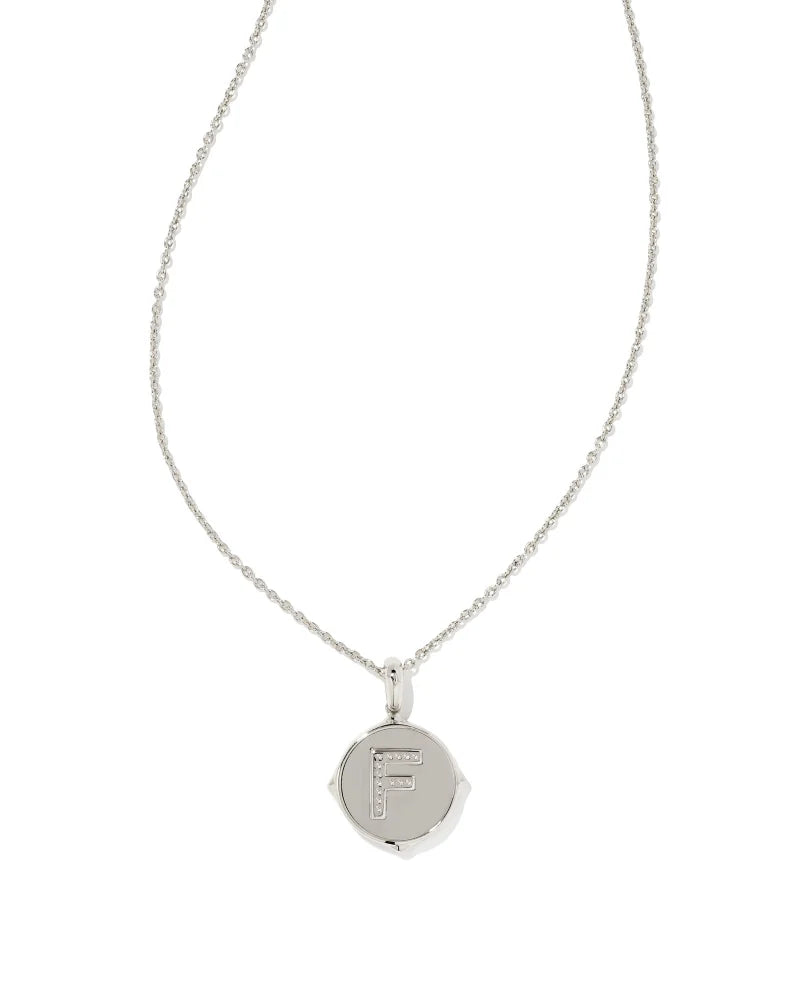 Letter F Silver Disc Reversible Pendant Necklace in Iridescent Abalone