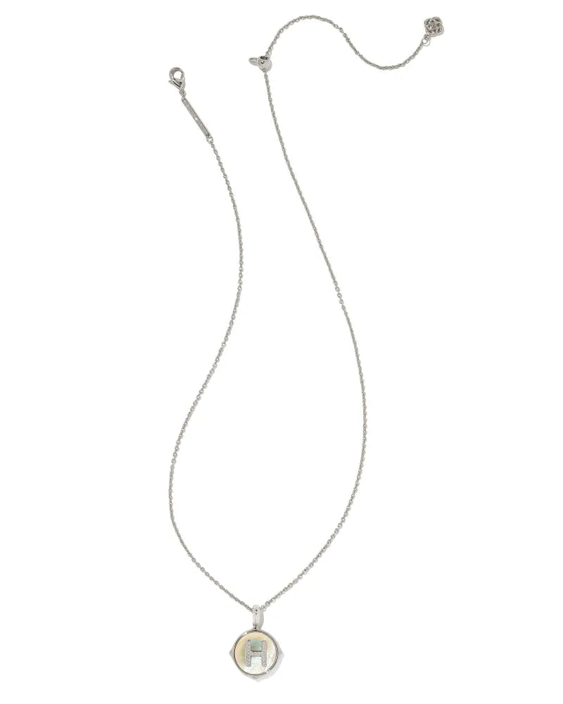 Letter H Silver Disc Reversible Pendant Necklace in Iridescent Abalone