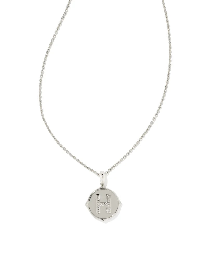 Letter H Silver Disc Reversible Pendant Necklace in Iridescent Abalone