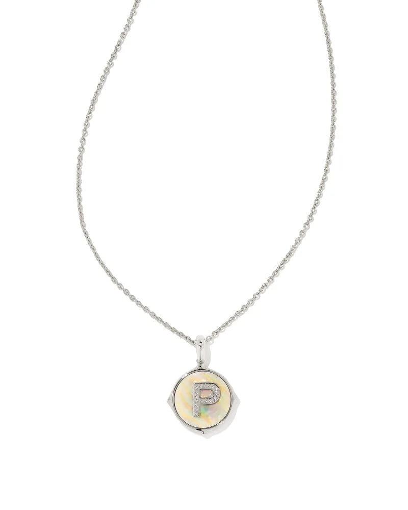Letter P Silver Disc Reversible Pendant Necklace in Iridescent Abalone