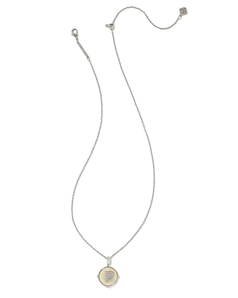 Letter P Silver Disc Reversible Pendant Necklace in Iridescent Abalone
