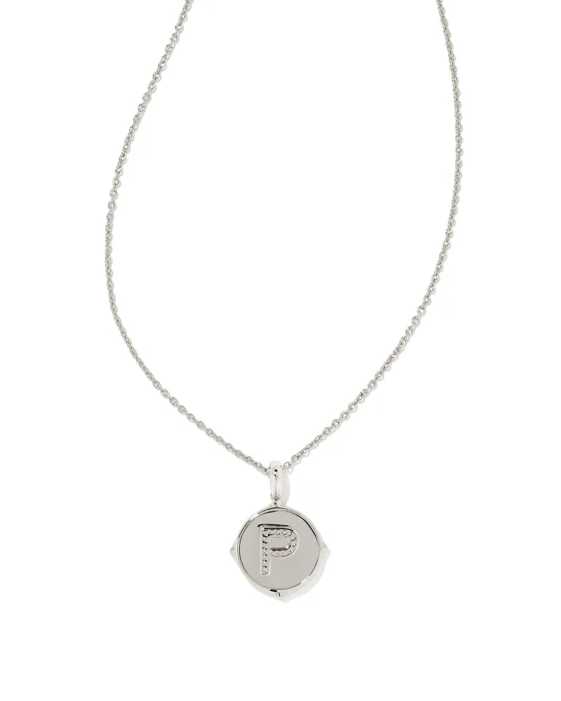 Letter P Silver Disc Reversible Pendant Necklace in Iridescent Abalone