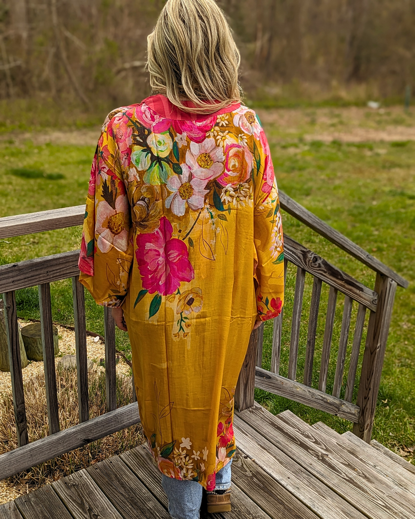 Impressionist Floral Kimono Gown in Mustard