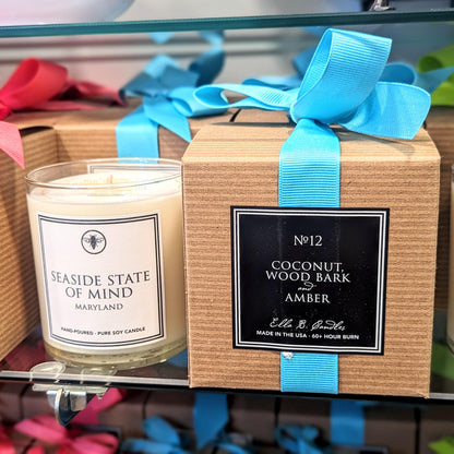 Seaside State of Mind Coconut hand-poured pure soy candle. Wood Bark and Amber. 60hr Burn. Shop at The Painted Cottage in Edgewater, MD 