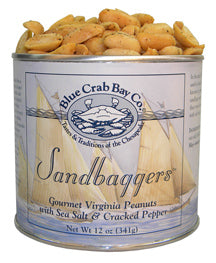 Sandbaggers by Blue Crab Bay Co are extra-large gourmet Virginia peanuts dusted with sea salt and cracked pepper. Great for Memorial Day, Father's Day, or any party occasion. Shop at The Painted Cottage in Edgewater MD.