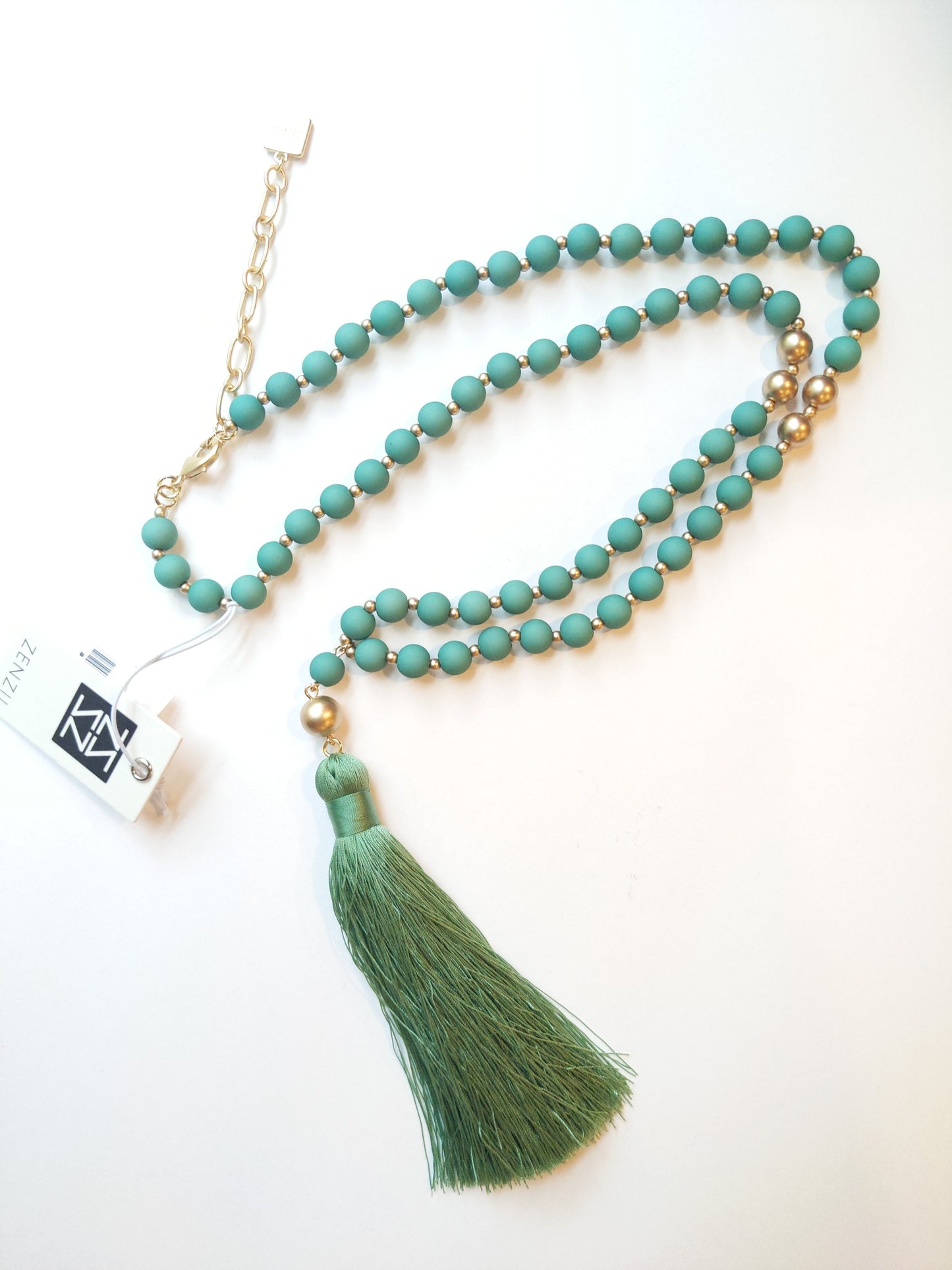 DARK GREEN BEADED TASSEL NECKLACE