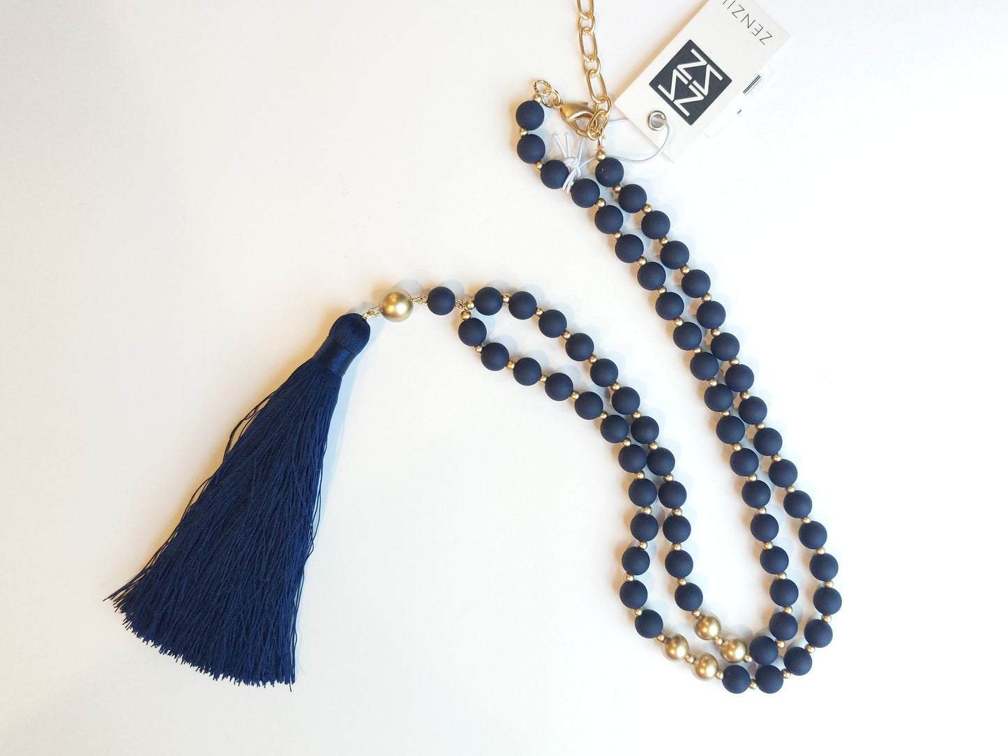NAVY BEADED TASSEL NECKLCE
