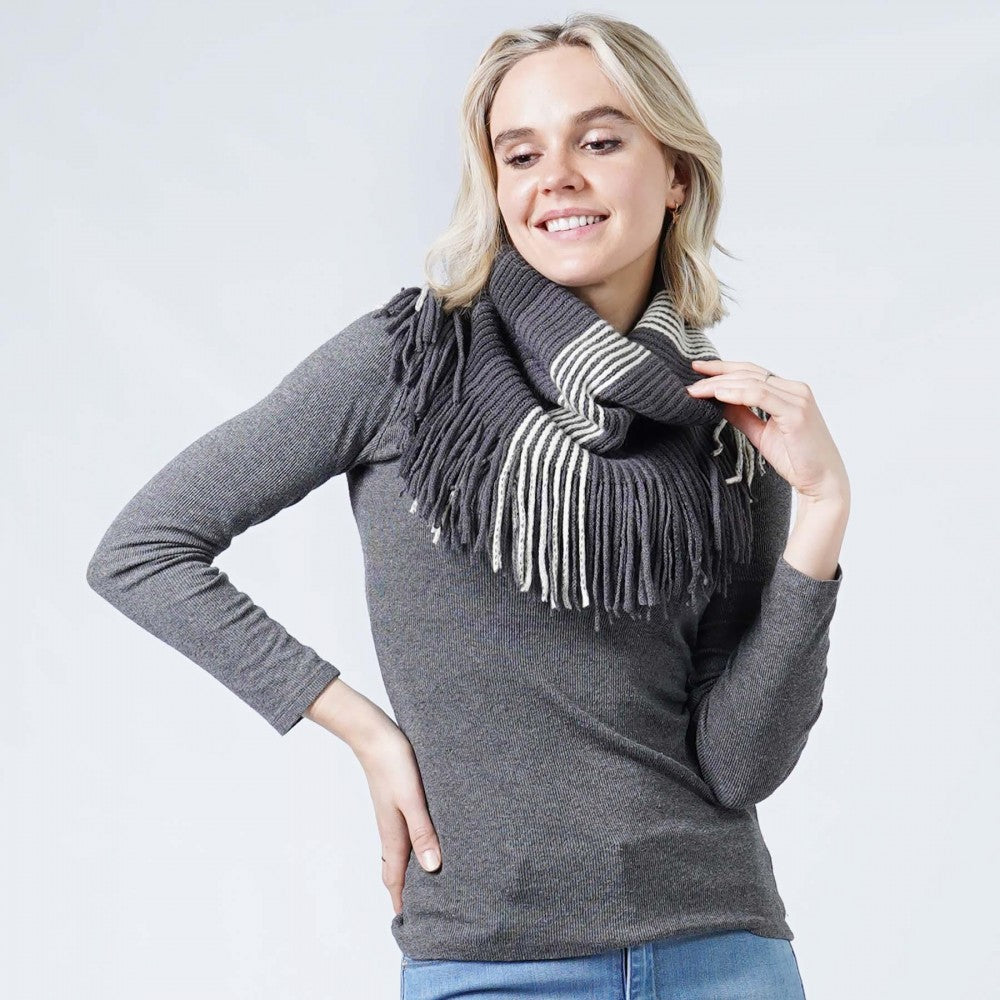 GREY STRIPE MINI SCARF W/FRINE