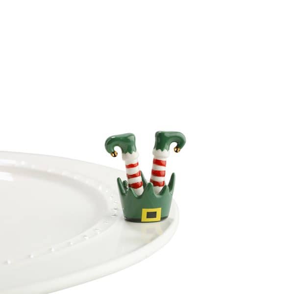 A143 Nora Fleming Elf Feet mini features cute elf feet with red and white stockings and green shirt-waist with gold buckle. Shop at The Painted Cottage an Annapolis boutique.