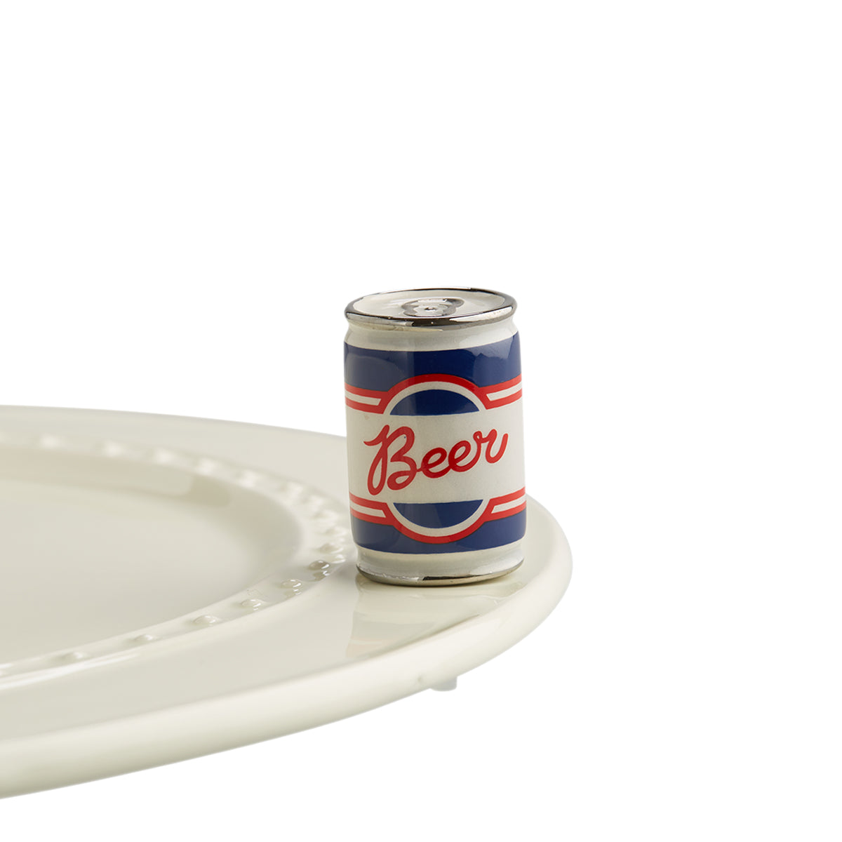 A199 Nora Fleming Beer Me red, white and blue mini pop top can that says beer in red. Shop at The Painted Cottage in Edgewater, MD.