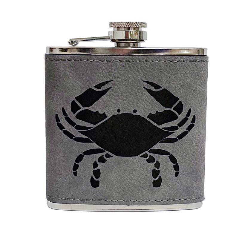Leather Engraved Crab Flask | Grey