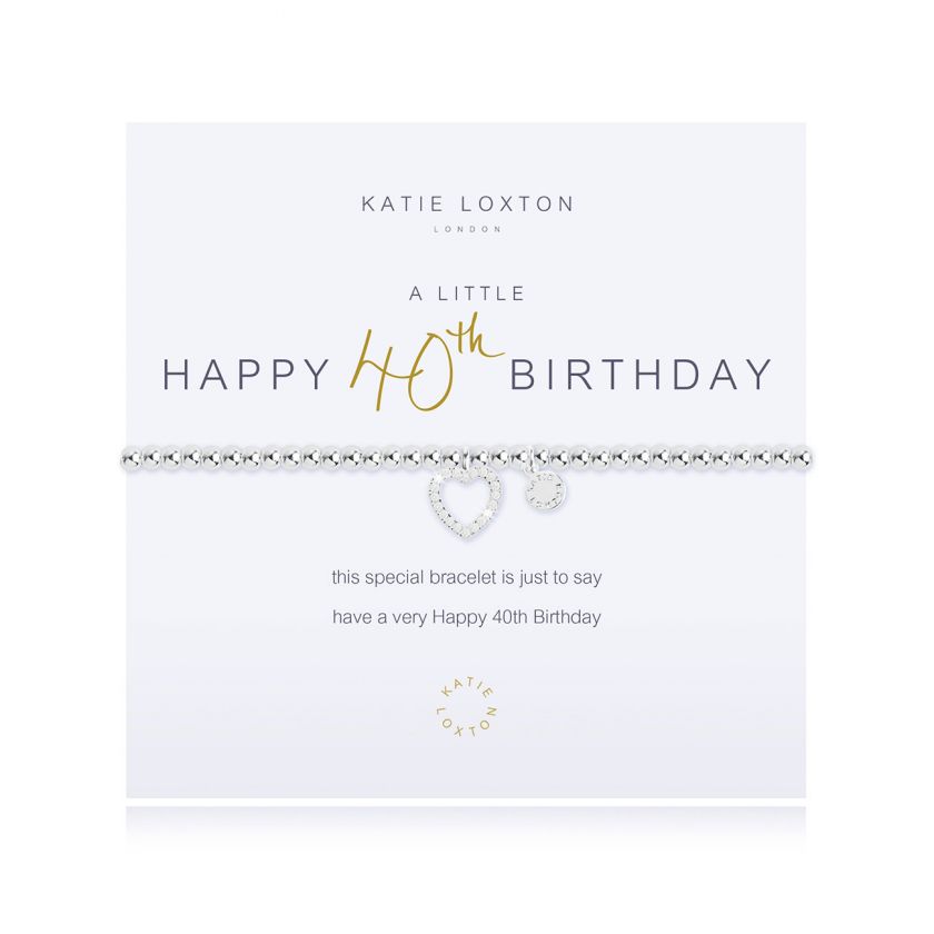 Silver-plated stretch bead A Little Happy 40th Birthday bracelet with clear crystal encrusted open heart charm