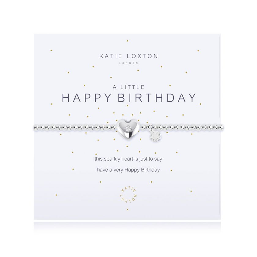 Silver-plated stretch bead A Little Happy Birthday bracelet with center clear crystal heart charm