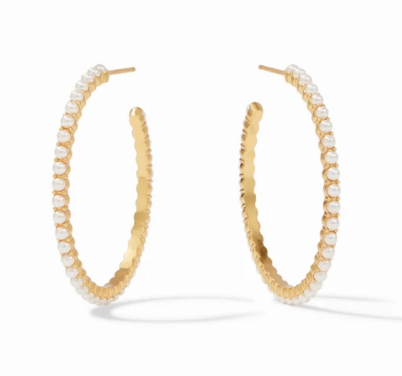 Juliet Hoop Gold Pearl Medium by Julie Vos. Delicate pearl-accented hoops. Medium - 1.25 inches 24K gold plate. Shop at The Painted Cottage an Annapolis boutique.