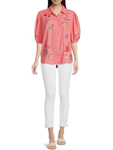 Ruth Lisbon Coral Sunset Blouse by Johnny Was. Shop at The Painted Cottage, voted Best of Annapolis for Women's Clothing and Apparel 2022. Coral blouse with embroidered design, button front, and three-quarter elastic sleeves.