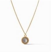 Fleur de Lis Solitaire Necklace Gold / Iridescent Charcoal Blue by Julie Vos. 17-18 inch length, 24K gold plate. Shop at The Painted Cottage in Edgewater, MD.