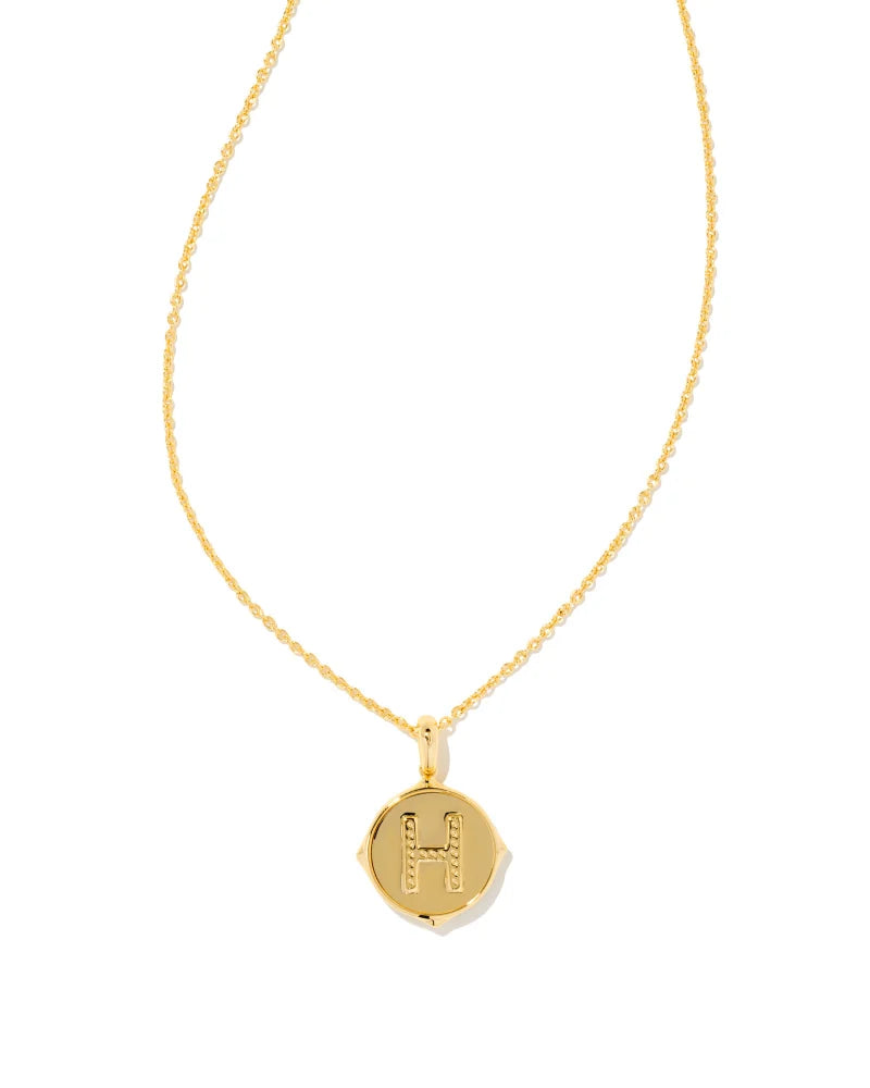 Letter H Gold Disc Reversible Pendant Necklace in Iridescent Abalone