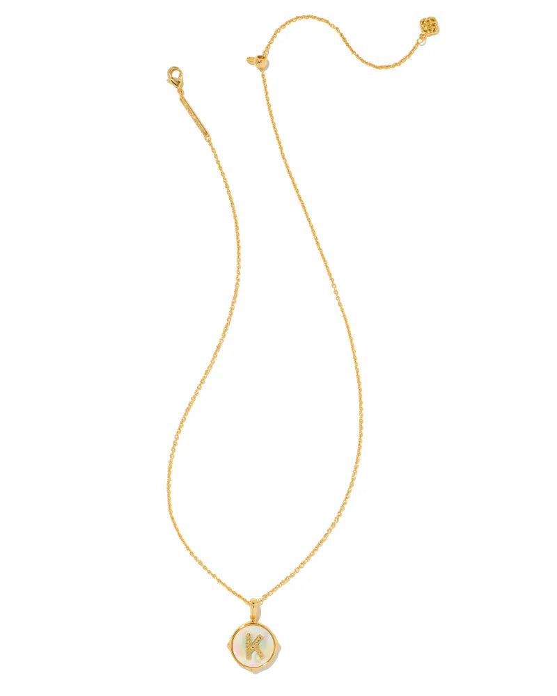 Letter K Gold Disc Reversible Pendant Necklace in Iridescent Abalone