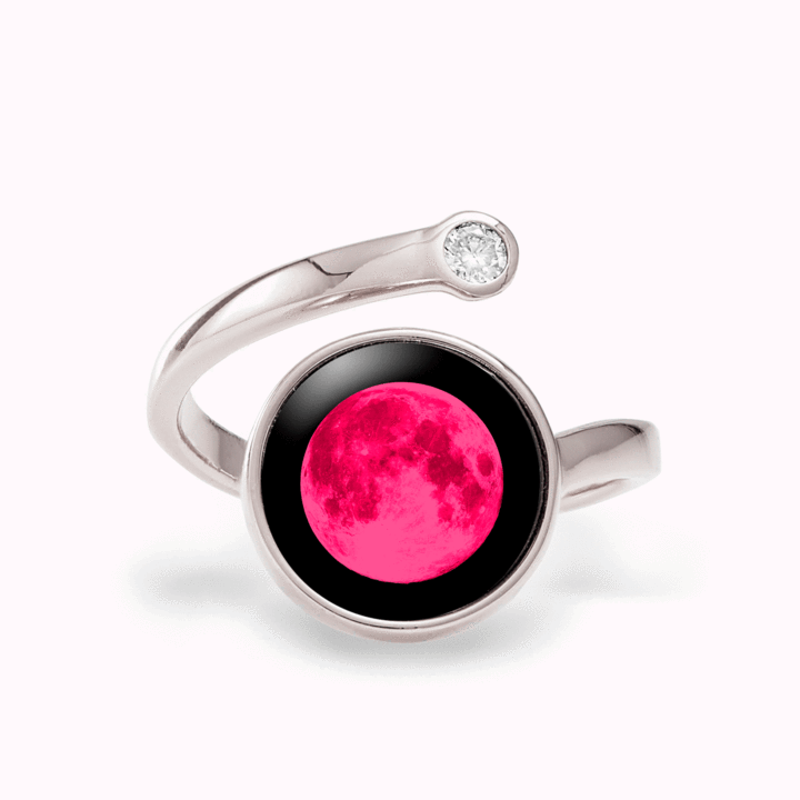 Moonglow ring made of rhodium with crystal accent. Adjustable. Shop at The Painted Cottage in Edgewater, MD.