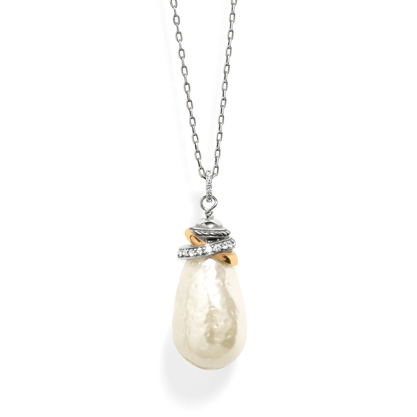 Brighton Neptune's Rings Necklace features stacked ringlet from our Neptune's Rings motif on baroque handmade glass Japanese pearl and adjustable chain measures 36" - 39". Shop at The Painted Cottage in Edgewater, MD