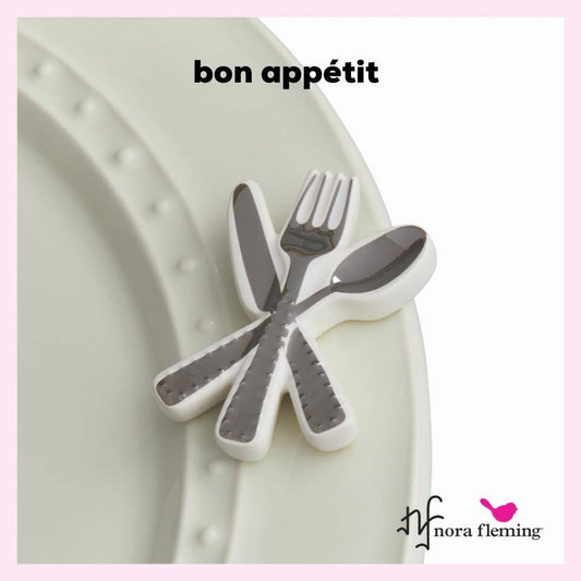 A259 Nora Fleming Bon Appetit silver on white cutlery mini. Shop at The Painted Cottage an Annapolis Boutique.
