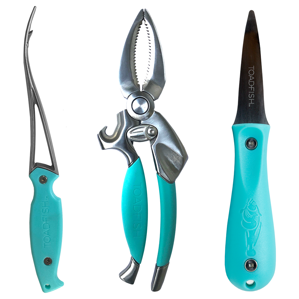 Coastal Kitchen Collection Teal features patented designs that make preparing coastal food easier, safer, and more enjoyable. Set includes one oyster Knife - ergonomic bent tip design, handle made from recycled plastic bottles, one shrimp cleaner - peels, deveins, and butterflies shrimp in one smooth motion, and one crab cutter - cuts crab shells instead of smashing them. Shop at The Painted Cottage and Annapolis boutique.