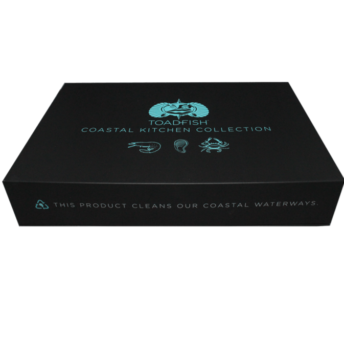 Coastal Kitchen Collection Teal features patented designs that make preparing coastal food easier, safer, and more enjoyable. Set includes one oyster Knife - ergonomic bent tip design, handle made from recycled plastic bottles, one shrimp cleaner - peels, deveins, and butterflies shrimp in one smooth motion, and one crab cutter - cuts crab shells instead of smashing them. Shop at The Painted Cottage and Annapolis boutique.