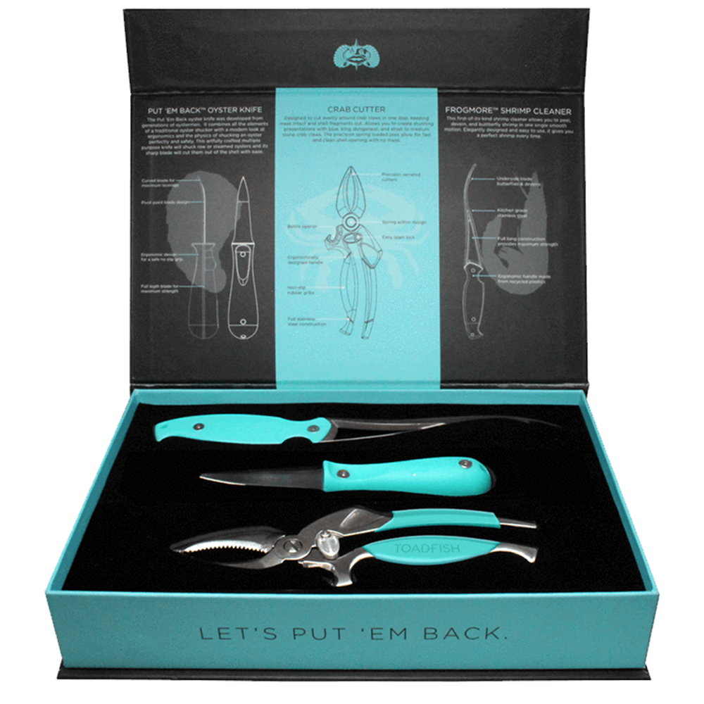 Coastal Kitchen Collection Teal features patented designs that make preparing coastal food easier, safer, and more enjoyable. Set includes one oyster Knife - ergonomic bent tip design, handle made from recycled plastic bottles, one shrimp cleaner - peels, deveins, and butterflies shrimp in one smooth motion, and one crab cutter - cuts crab shells instead of smashing them. Shop at The Painted Cottage and Annapolis boutique.