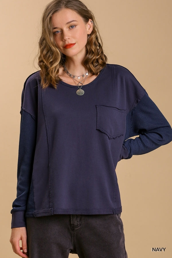 NAVY WAFFLE KNIT TOP