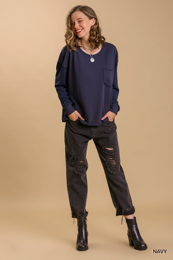NAVY WAFFLE KNIT TOP