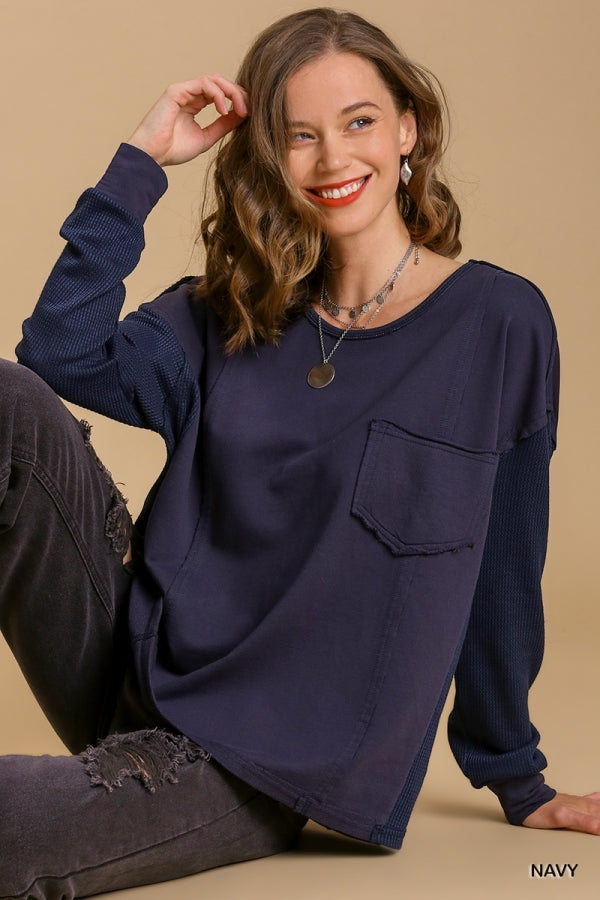 NAVY WAFFLE KNIT TOP