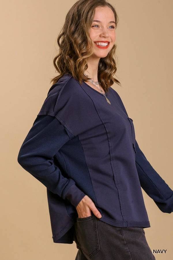 NAVY WAFFLE KNIT TOP