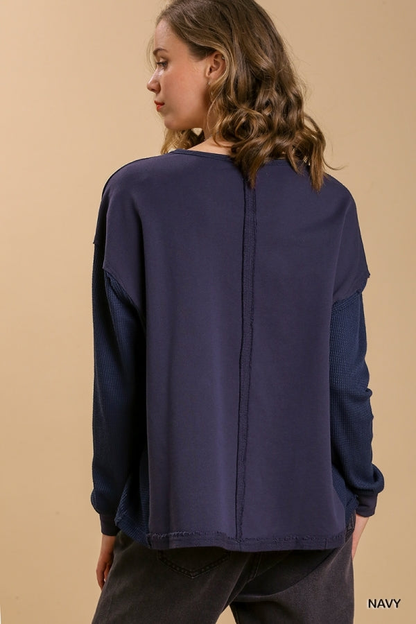 NAVY WAFFLE KNIT TOP