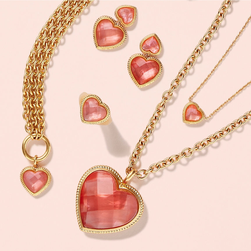 julie vos gold necklace with pink hearts and gold earrings with pink crystals the painted cottage maryland