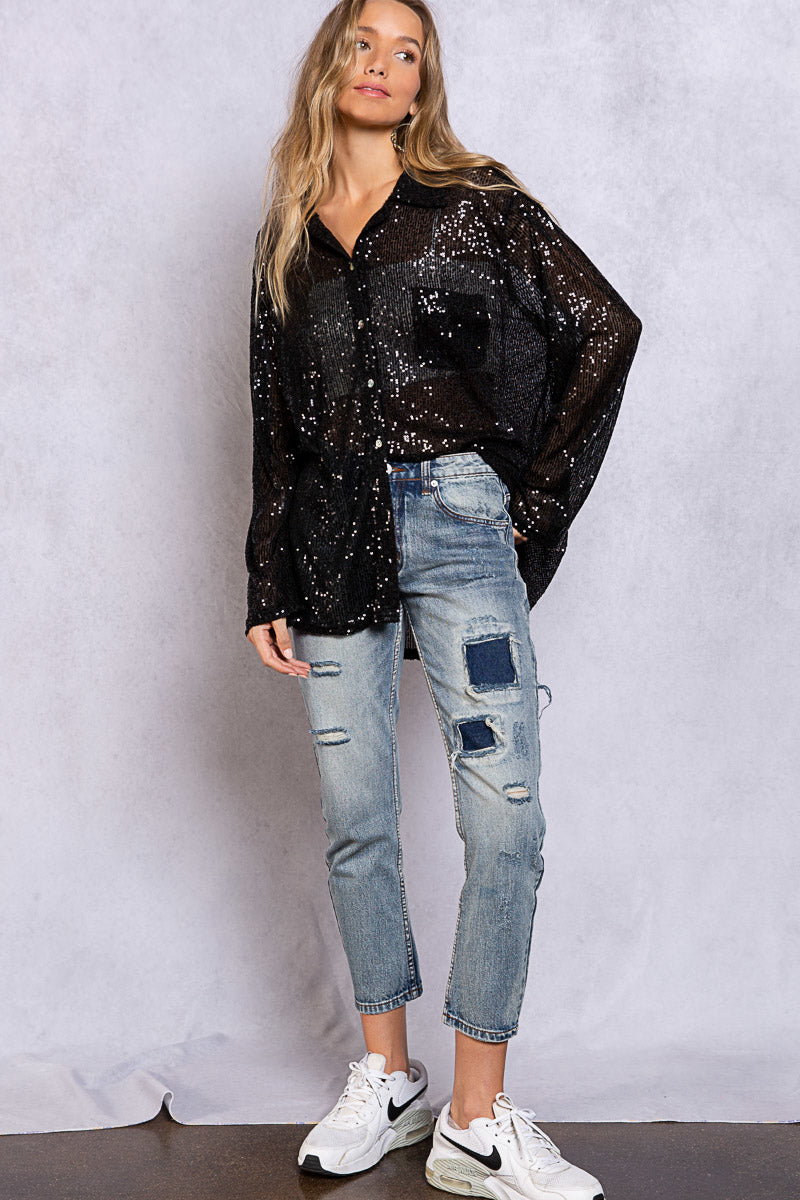 Sequin Relaxed Fit Long Sleeve Button-up Top - Black