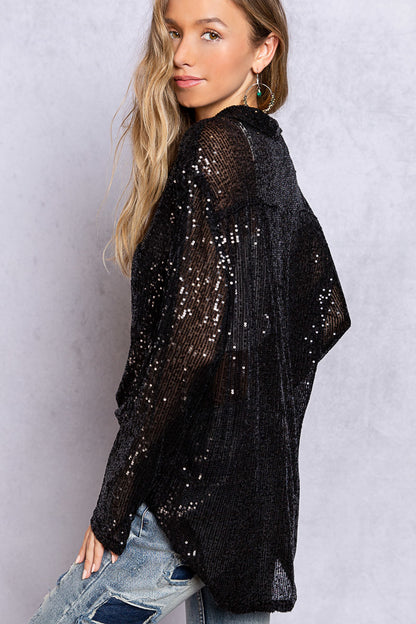 Sequin Relaxed Fit Long Sleeve Button-up Top - Black
