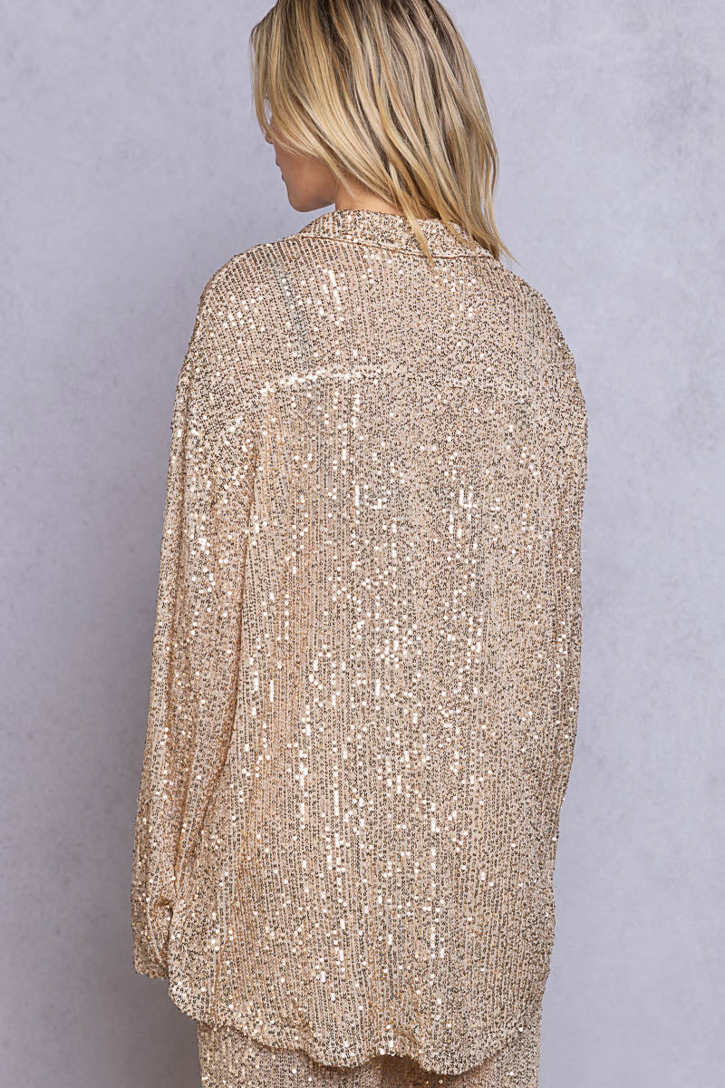 Sequin Relaxed Fit Long Sleeve Button-up Top - Gold Beige
