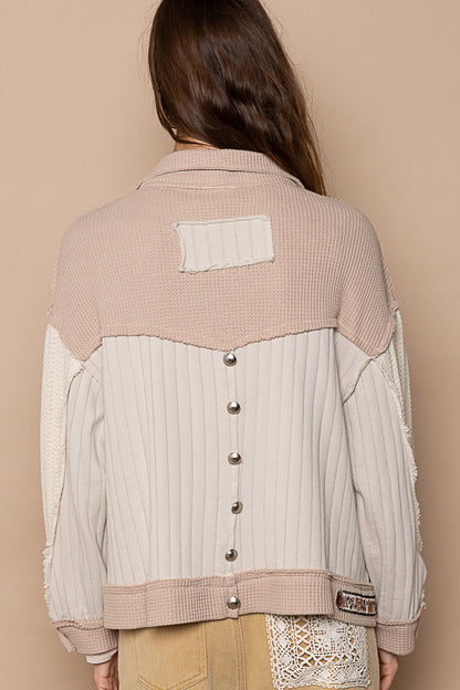Button Down Sweater Panel Thermal Knit Shacket combining cream and latte tones, this shacket features elegant embroidered accents and cozy sweater knit panels. Shop at The Painted Cottage in Edgewater, MD.
