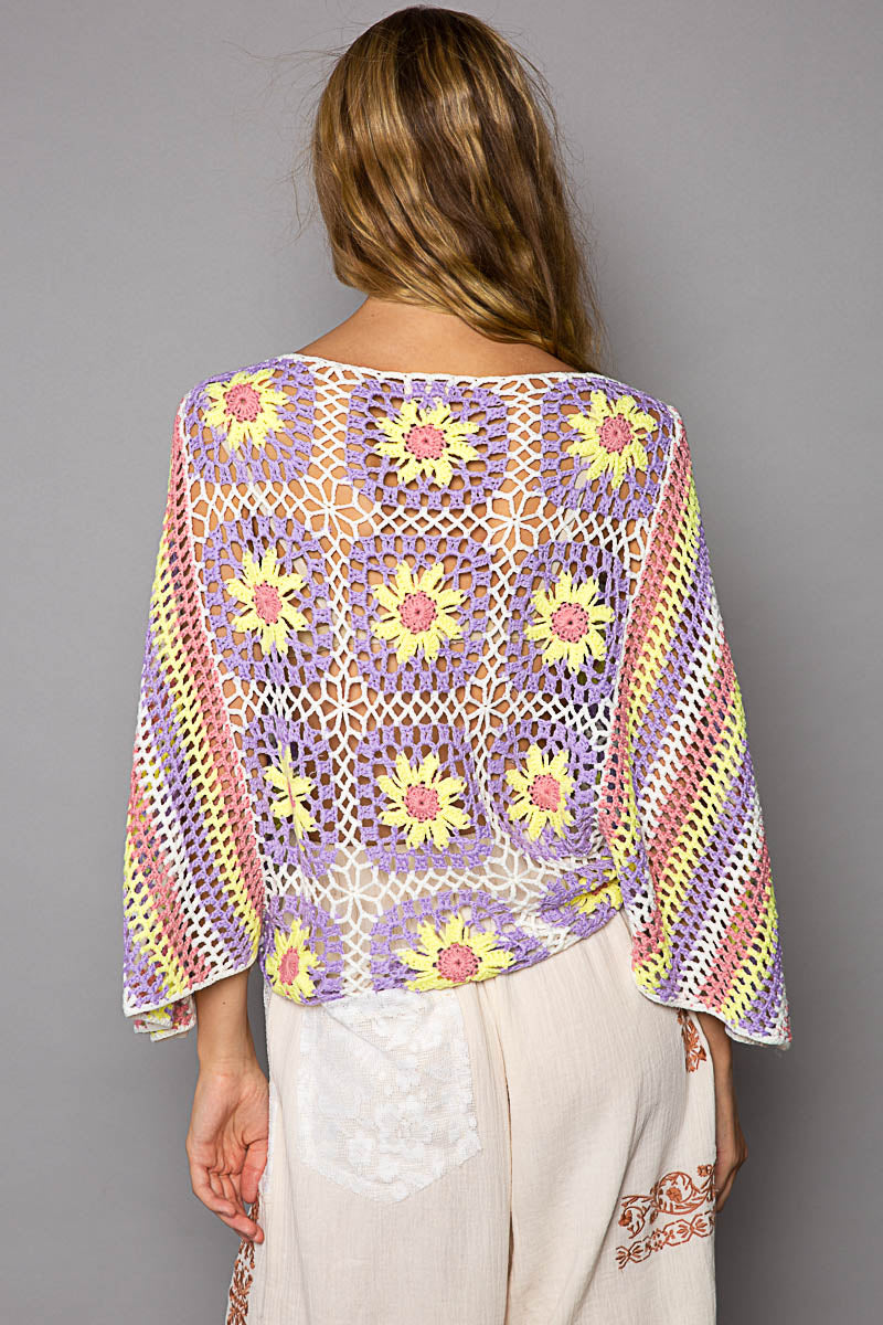 3/4 Sleeve Handmade Panel Sweater - Lilac/Yellow Multi